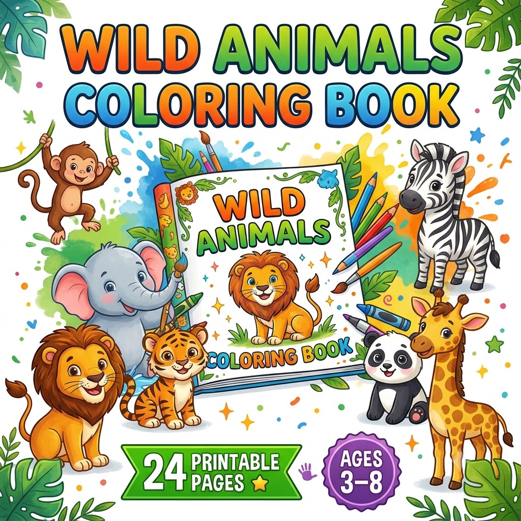 Wild Animals Coloring Book for Kids | 24 Printable Pages