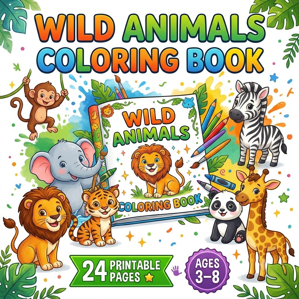 Wild Animals Coloring Book for Kids – 24 Printable Pages