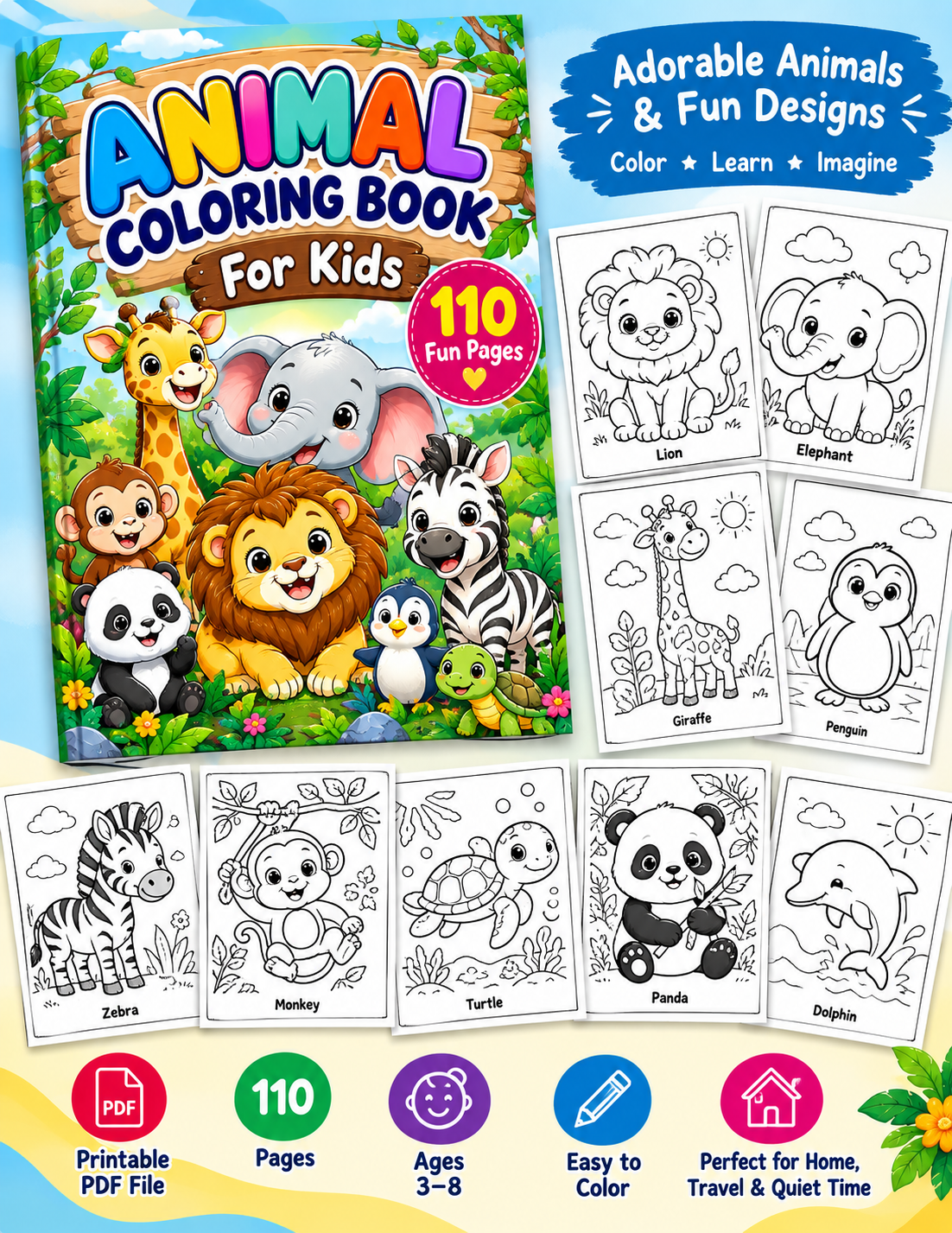 Animal coloring book for kids with 110 printable coloring pages