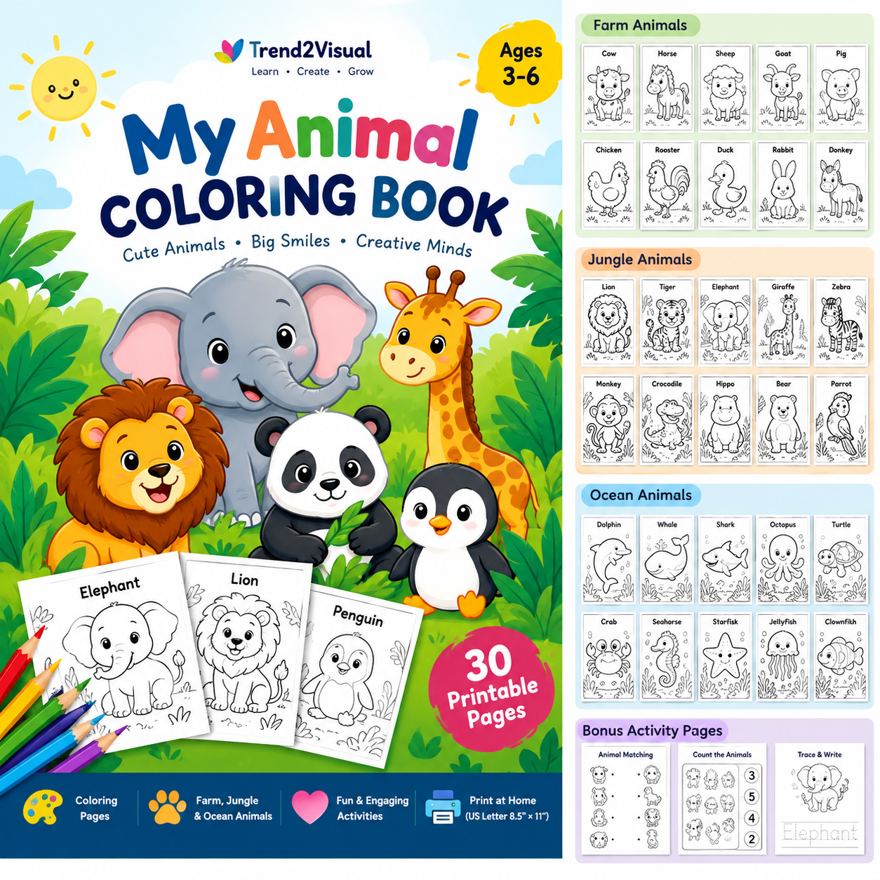 Animal Coloring Book for Kids | 30 Printable Pages
