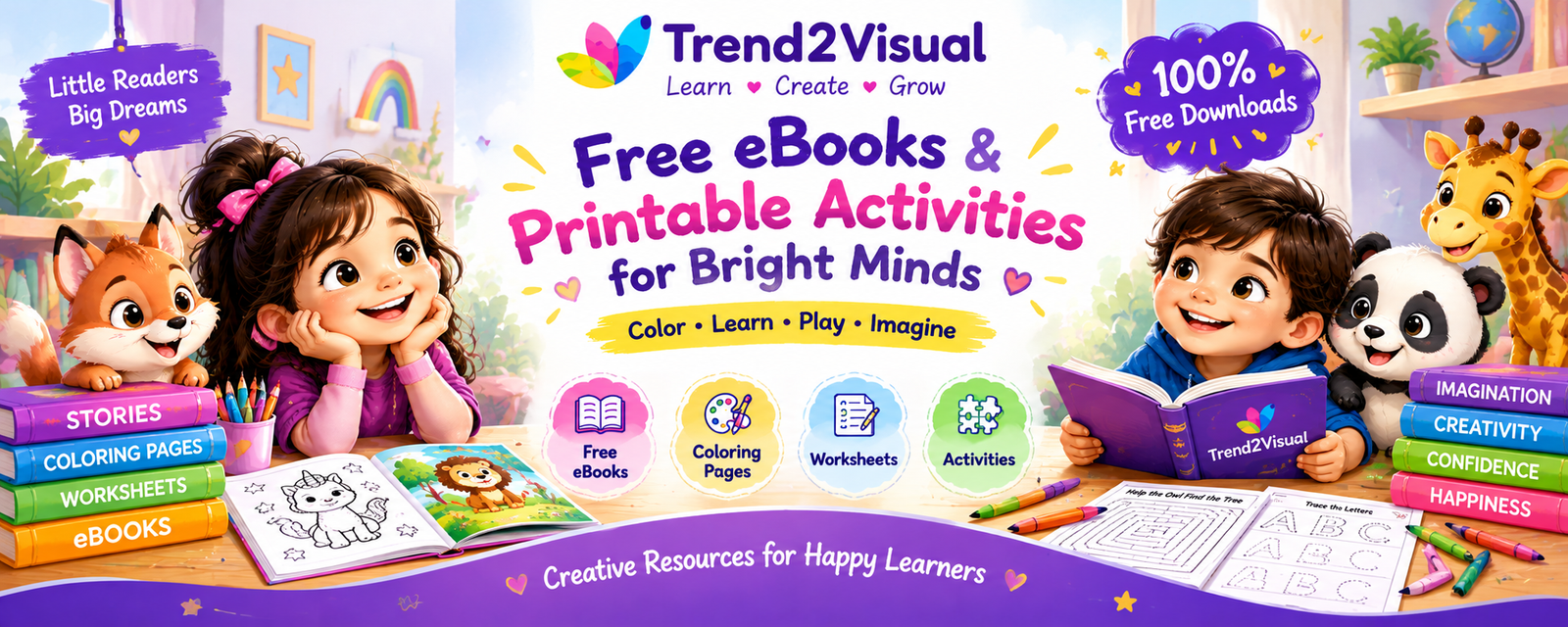 Trend2Visual free printable coloring books, kids worksheets and creative learning activities