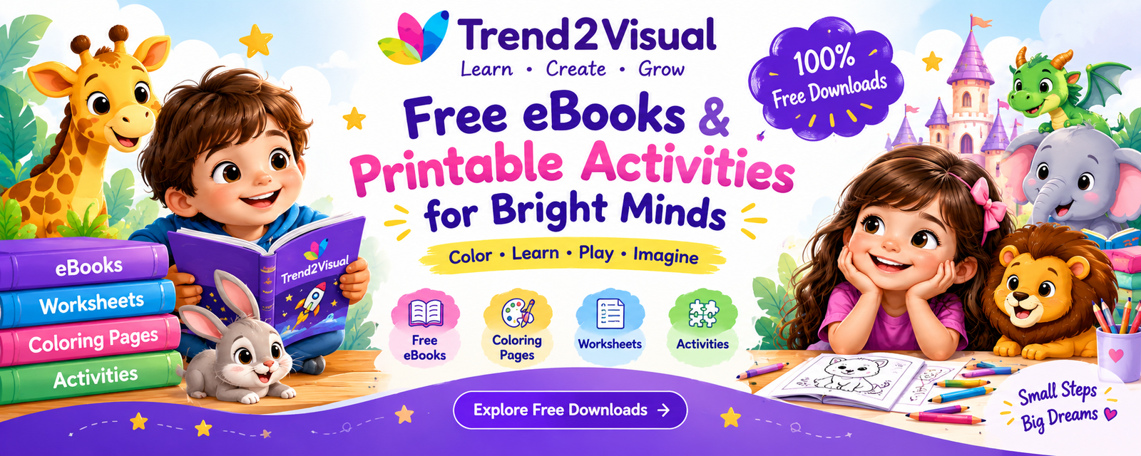 Trend2Visual free eBooks and printable activities banner with children, animals and learning resources