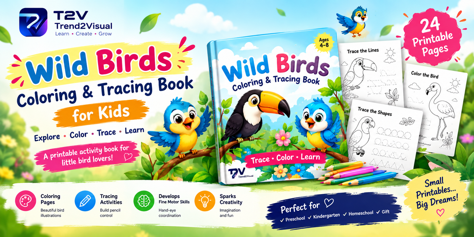 Trend2Visual Wild Birds Coloring and Tracing Book for Kids with printable bird activities